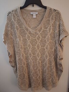 Christopher & Banks Open-Knit V-Neck Sweater in Beige with Side Button Detail